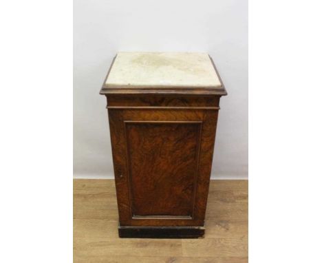 Victorian burr walnut pot cupboard with marble top and enclosed by panel door on plinth base, 43cm wide x 36cm deep x 78cm hi