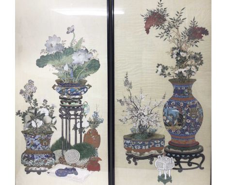 Fine pair of early 20th century Chinese paintings on silk depicting floral displays in cloisonne vessels and precious objects