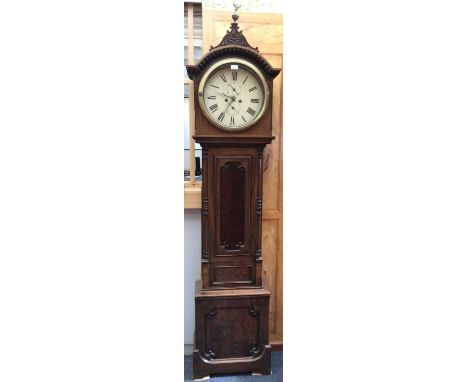 Early 19th century Scottish 8 day longcase clock, the circular 14" painted dial with subsidiary seconds and date dials in mah