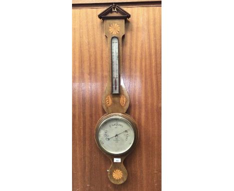 Edwardian banjo barometer by Negretti &amp; Zamora, London in inlaid mahogany case 98cm high