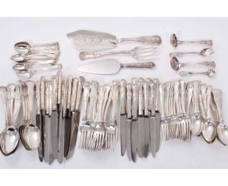 Composite canteen of 19th and early 20th century mainly Kings pattern with diamond heel cutlery, comprising 12 dinner forks, 