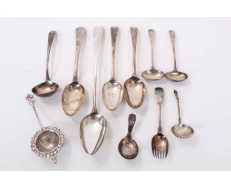 George III Old English pattern basting spoon (London 1810), together with other Georgian and later silver flatware (various d
