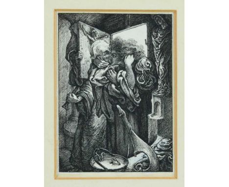 Pre-Raphaelite pen and ink illustration signed I.H. - monk at door, 10cm x 14cm mounted in glazed frame. Provenance: By desce