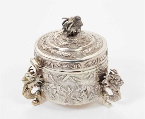 Late 19th/early 20th century Chinese silver inkwell, of cylindrical form, with engraved presentation inscription and bamboo d