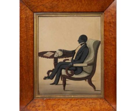 Unusual Regency silhouette portrait, in watercolour and body colour on paper, depicting a seated gentleman with skull on the 