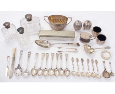 Selection of miscellaneous silver, including flatware, caddy spoon, various condiments, sugar bowl, and other items (Various 