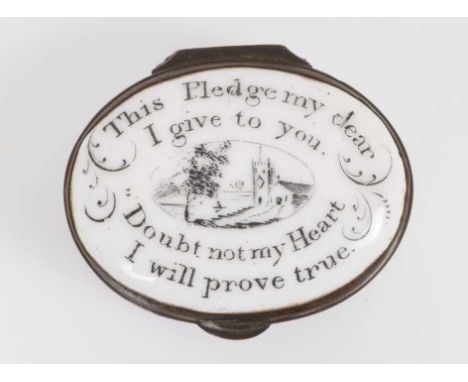 South Staffordshire enamel patch box ‘This pledge my dear…’ circa 1800, oval cushion form, 4cm wideMinor wear to top, otherwi