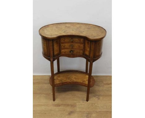 Continental burr wood crossbanded kidney shaped side table, with gallery top and three frieze drawers on slender cabriole leg