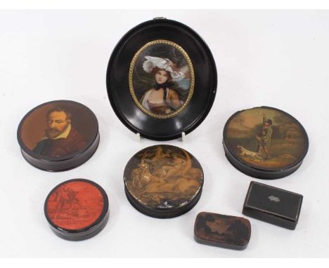 Group of 19th century papier mâché boxes, including circular snuff painted with a portrait of a 17th century gentleman, 9cm d