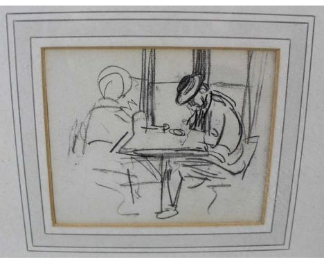 Philip Wilson Steer (1860-1942) pencil sketch of two figures sat at a table, 10cm x 12cm, unsigned, in glazed frame. Provenan