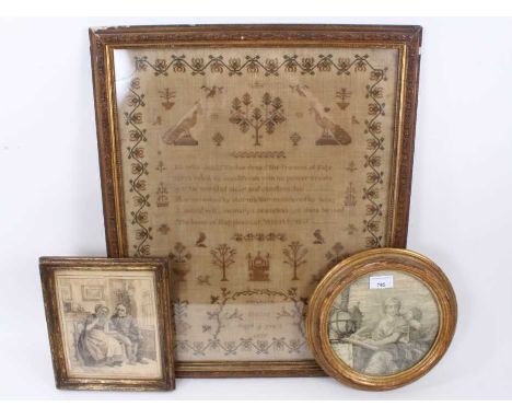 Two 19th century hair work pictures, the first tondo with classical scene, in wooden gilt frame, 21cm diameter, the other wit