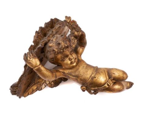 Rococo style carved giltwood wall bracket, with cherub support, 34cm high