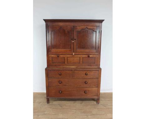 George III Welsh oak two height panelled livery cupboard, the upper section enclosed by the fielded panel arched doors, with 