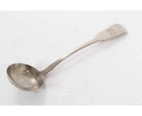 Unusual late 18th/early 19th century white metal Fiddle pattern ladle, with side pouring lip and engraved initials. Marks to 