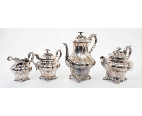 Fine quality Victorian four piece tea and coffee set, comprising teapot of melon form with engraved scrolling foliate decorat