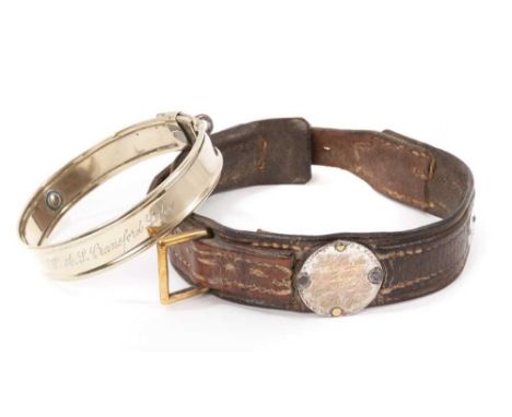 Two antique dog collars, the first with inscribed plaque for J. H. Pardoe, Atterley, Much Wenlock, Salop, mounted with Indian