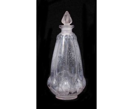 A Rene Lalique iridescent moulded glass scent flask and cover, signed, 12cm high