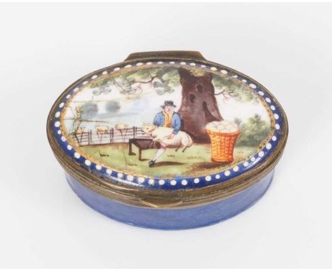 A South Staffordshire enamel patch box, oval painted with rural scene, circa 1800, 4cm wideProvenance: property from the 6th 