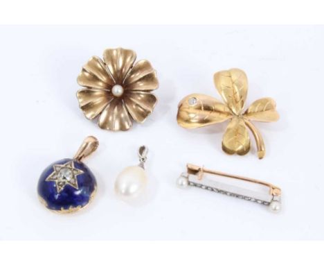 Group of jewellery to include a gold and diamond lucky four-leaf clover brooch, antique gold and seed pearl flower brooch, Vi