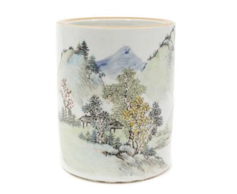 Chinese Republic period brush pot, painted with a landscape scene, calligraphy to the reverse, seal mark to the base, 15.5cm 