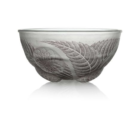 Rene Lalique, a Dahlias glass bowl, model 384, designed circa 1921, frosted with lilac staining, relief moulded mark R Laliqu