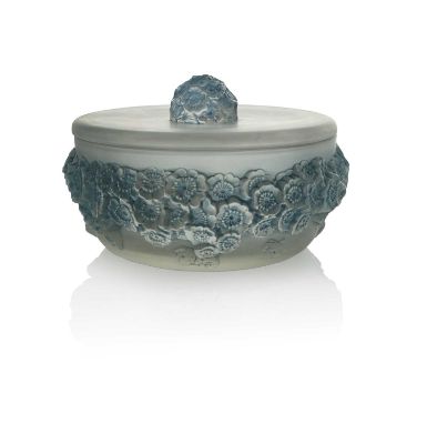 Rene Lalique, a Primiveres glass bowl and cover, model 77, designed circa 1927, frosted and blue stained, etched mark R Laliq