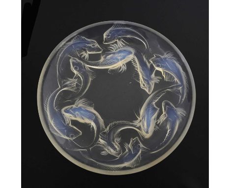 Rene Lalique, a Martiques opalescent glass bowl, model 377, designed circa 1920, frosted, relief moulded mark R Lalique, 36.8