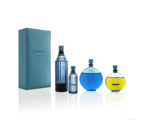 Lalique for Worth, four Je Reviens glass perfume bottles, models Worth Perfume 12 and 33, designed circa 1944 to 1952, opaque