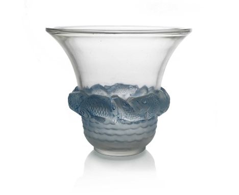 Rene Lalique, a Piriac glass vase, model 1043, designed circa 1930, polished and frosted with blue staining, etched mark R La