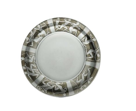 Rene Lalique, an Archers glass ashtray, model 278, designed circa 1922, polished and frosted with black staining, incuse moul