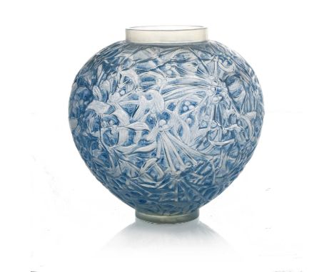 Rene Lalique, a Gui opalescent glass vase, model 948, designed circa 1920, polished and frosted with blue staining, relief mo