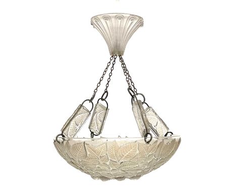 Rene Lalique, a Charmes glass pendant light shade, model 2458, designed circa 1924, polished and frosted, with sepia staining