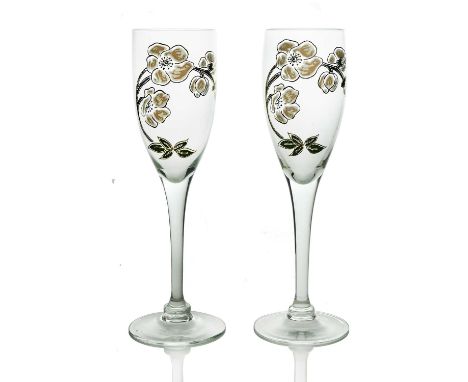 Emile Galle for Perrier Jouet, a pair of Belle Epoque enamelled glass Champagne flutes, originally designed circa 1902, each 