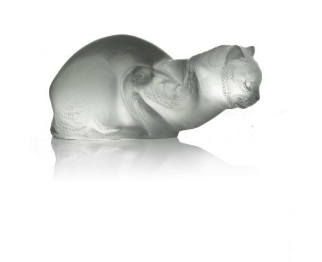 Rene Lalique, a Chat Couche sculpture, model 1207, designed circa 1932, frosted and polished, etched mark R Lalique, 25.5cm l