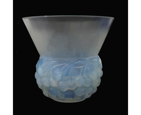 Rene Lalique, a Cerises opalescent glass vase, model 1035, designed circa 1930, frosted and polished with blue staining, etch