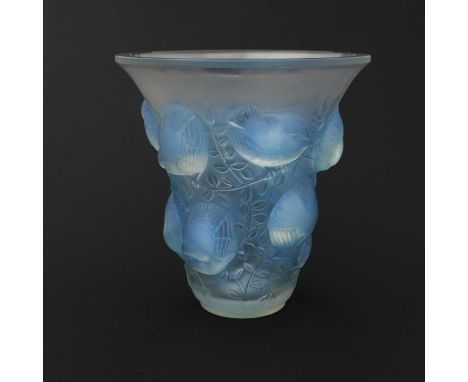 Rene Lalique, a Saint Francois opalescent glass vase, model 1055, designed circa 1930, frosted and blue stained, etched mark 