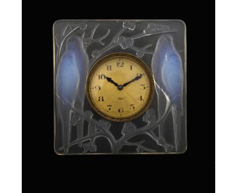 Rene Lalique, an Inseperables opalescent glass clock, model 765, designed circa 1926, polished and frosted, moulded mark R La