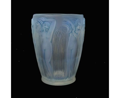 Rene Lalique, a Danaides opalescent glass vase, model 972, designed circa 1926, frosted with blue staining, engrave dmark R L