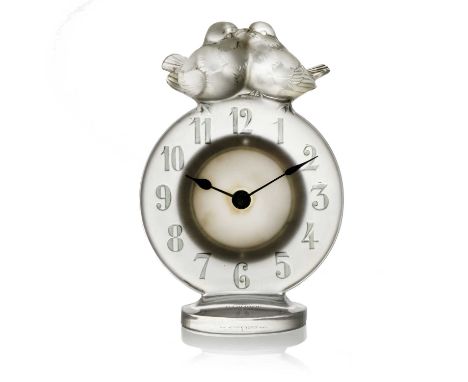 Rene Lalique, an Antoinette glass clock, model 767, designed circa 1931, frosted, with gray staining, etched marks R Lalique,