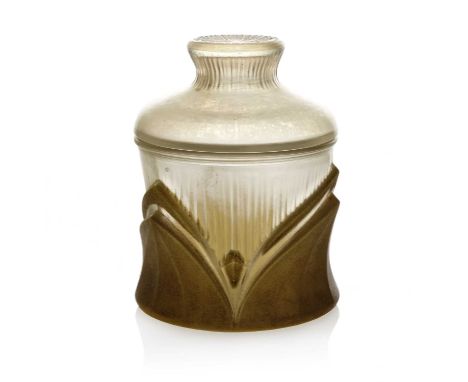 Rene Lalique, an apparently unrecorded box and cover, relief moulded stylised leaves, frosted and sepia enamelled, relief mou