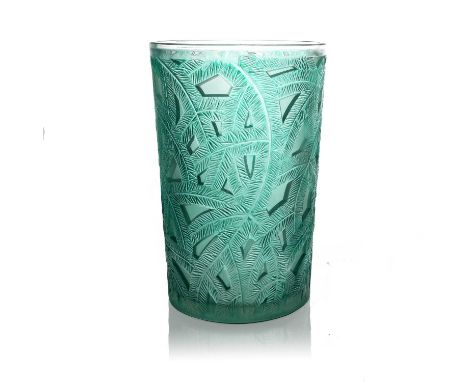 Rene Lalique, an Epicea glass vase, model 921, designed circa 1923, polished and frosted with green staining, relief moulded 