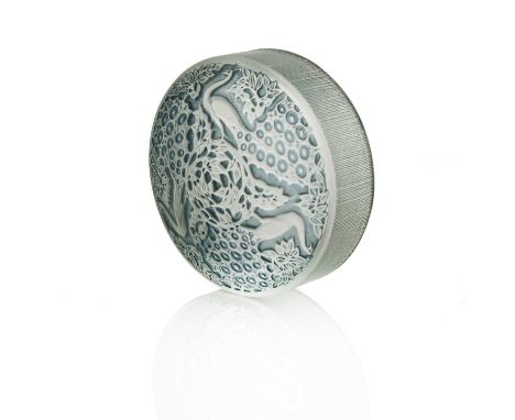Rene Lalique, an Isabelle glass box lid, model 64, designed circa 1924, frosted with blue staining, relief moulded mark R Lal