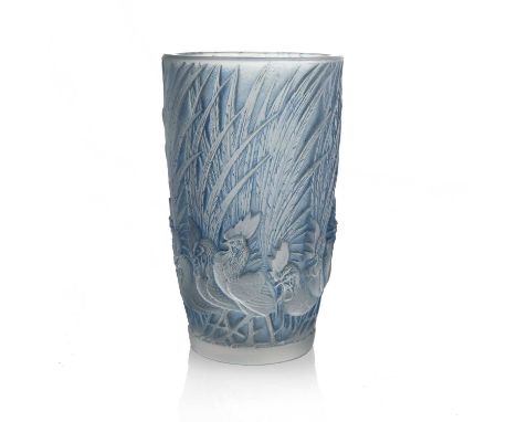 Rene Lalique, a Coques et Plumes glass vase, model 1033, designed circa 1928, frosted with blue staining, engraved mark R Lal