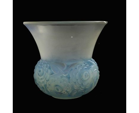 Rene Lalique, a Renoncules opalescent glass vase, model 1044, designed circa 1930, frosted with blue staining, etched mak R L