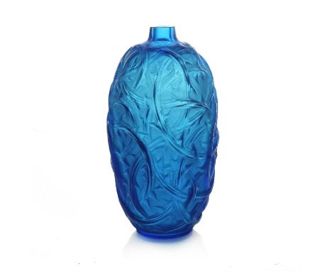 Rene Lalique, a Ronces electric blue glass vase, model 946, designed circa 1921, frosted and polished, incuse moulded mark R 