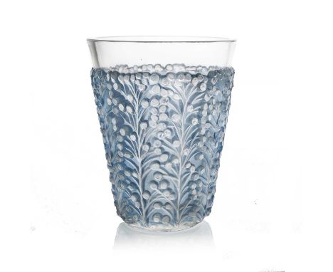 Rene Lalique, a Saint Tropez glass vase, model 10-915, designed circa 1937, polished and frosted with blue staining, etched m