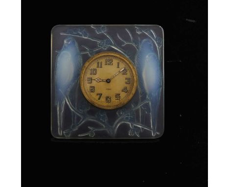 Rene Lalique, an Inseperables opalescent glass clock, model 765, designed circa 1926, polished and frosted with blue staining