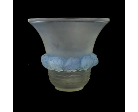 Rene Lalique, a Piriac opalescent glass vase, model 1043, designed circa 1930, polished and frosted with blue staining, etche
