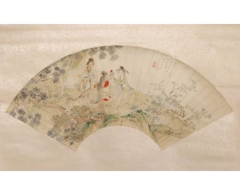 MAO NIANCI (QING DYNASTY) LADY ON HORSEBACK A Chinese fan painting mounted on a hanging scroll, ink and colour on paper, insc