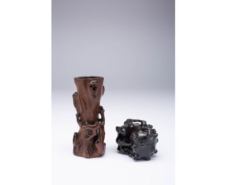 A SMALL ZITAN BOX AND COVER AND AN INCENSE STICK HOLDER QING DYNASTY Both carved as gnarled and knobbly branches with surface